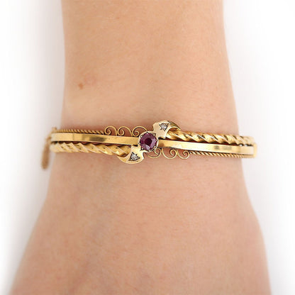 Antique Edwardian Ruby Diamond 15ct Gold Bangle Bracelet