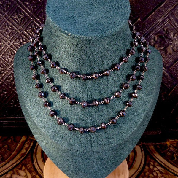 Vintage 100ct Briolette Black Diamond Bead Long Necklace with White Diamond Clasp, Circa 1970