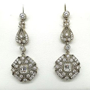 Art Deco Diamond Cluster Drop Earrings in Platinum