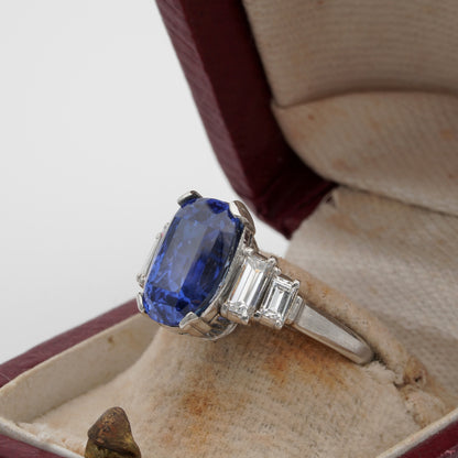 Art Deco 7.14ct No Heat Sapphire and Baguette Diamond Ring