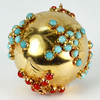 18ct Yellow Gold, Coral and Turquoise Ball Pendant; 18ct yellow gold sphere set with coral and turquoise cabochons. One coral bead missing