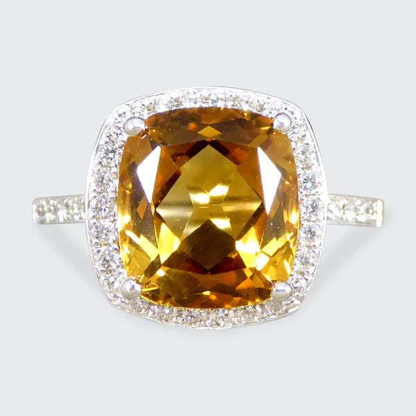 3.80ct Cushion Cut Citrine and Diamond Halo Cluster Engagement Ring