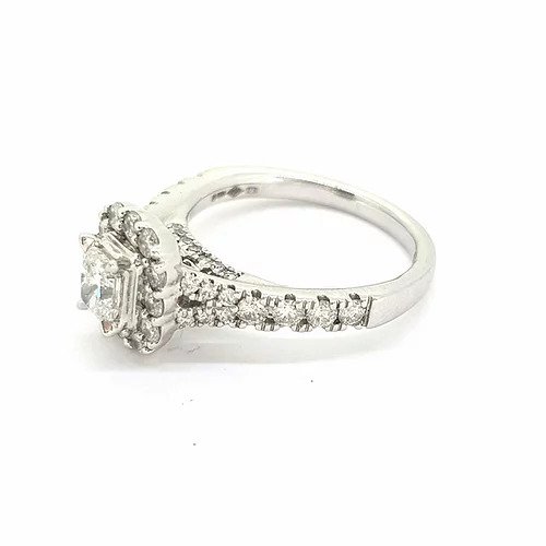 Princess Cut Diamond Cluster Ring; princess-cut diamond surrounded by a diamond halo, diamond set shoulders, 0.85 carat total, in platinum