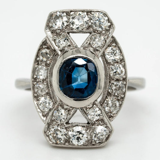 Late Art Deco 1ct Sapphire and 1.50ct Old Mine Cut Diamond Tablet Ring
