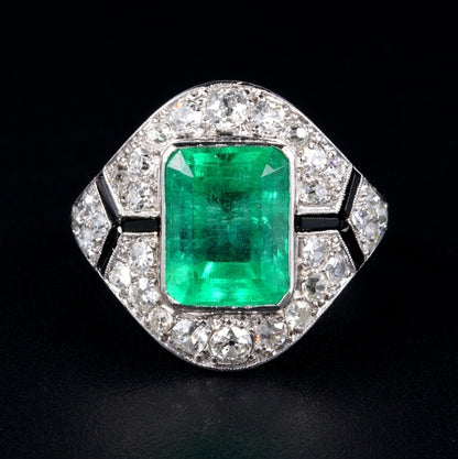 Art Deco French 1.80ct Certified Colombian Emerald and Old Cut Diamond Ring with Onyx in Platinum