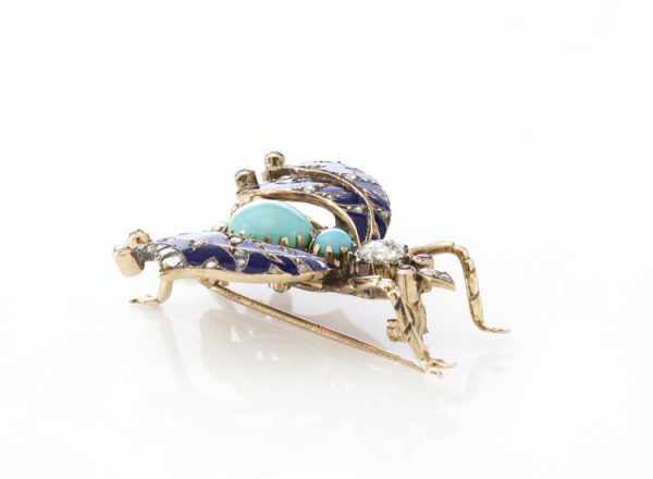 Antique Victorian Turquoise Diamond Blue Enamel Ruby Insect Brooch