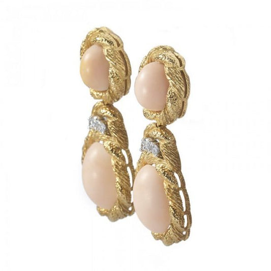 Vintage Coral, Diamond and Gold Drop Earrings, Circa 1970