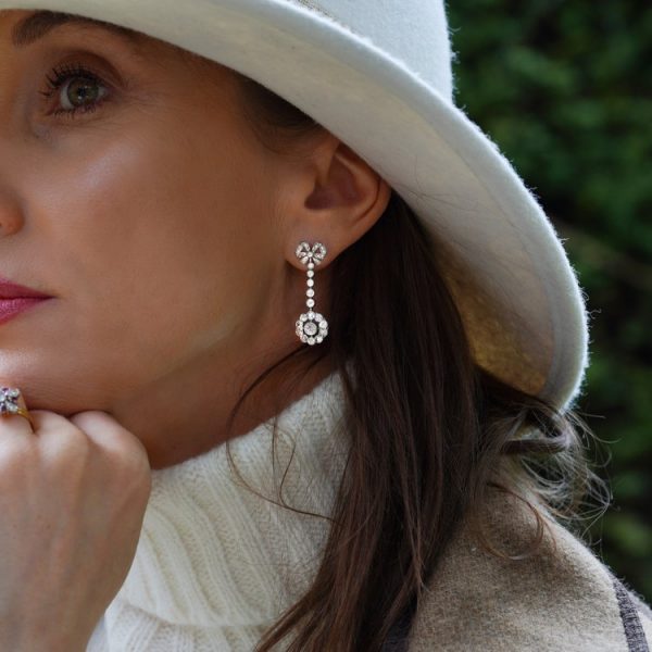 Antique Victorian Old Cut Diamond Bow and Cluster Drop Earrings in Platinum, 2.72 carat total