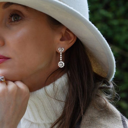 Antique Victorian Old Cut Diamond Bow and Cluster Drop Earrings in Platinum, 2.72 carat total