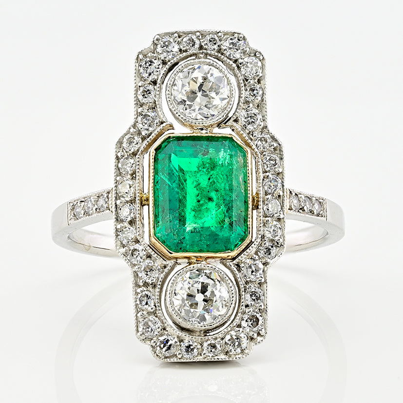 Vintage Art Deco 1.32ct Colombian Emerald and Diamond Three Stone Plaque Ring in Platinum