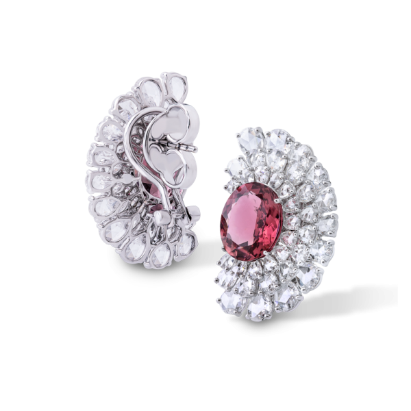 Rubelite and Diamond Stud Earrings, 11.60 carat total; oval cut rubelites totaling 5.90 carats surrounded by 5.78 carats of rose cut diamonds, 18ct white gold