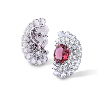 Rubelite and Diamond Stud Earrings, 11.60 carat total; oval cut rubelites totaling 5.90 carats surrounded by 5.78 carats of rose cut diamonds, 18ct white gold