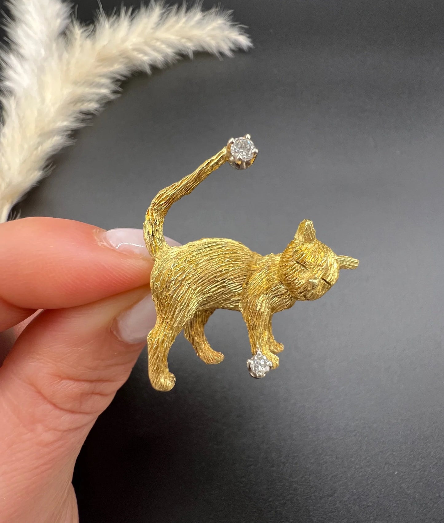 Vintage 18 Carat Yellow Gold Diamond Cat Brooch, Circa 1980