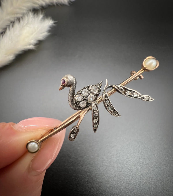 Victorian Gold, Silver, Diamond and Seed Pearl Swan Brooch, Circa 1880
