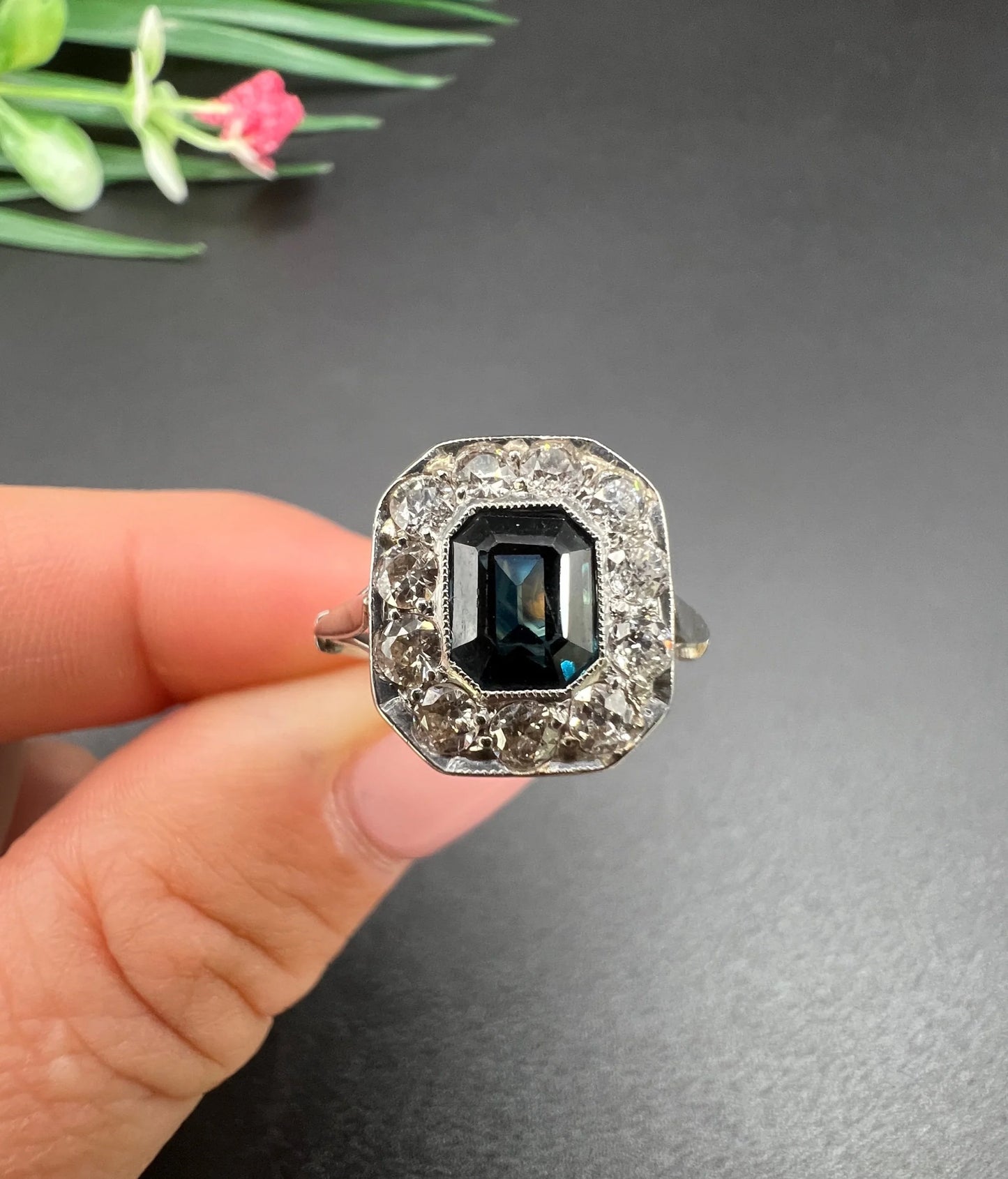 Art Deco Sapphire and Diamond Octagonal Shaped Cluster Engagement Ring 18ct gold and Platinum