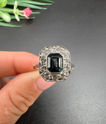 Art Deco Sapphire and Diamond Octagonal Shaped Cluster Engagement Ring 18ct gold and Platinum