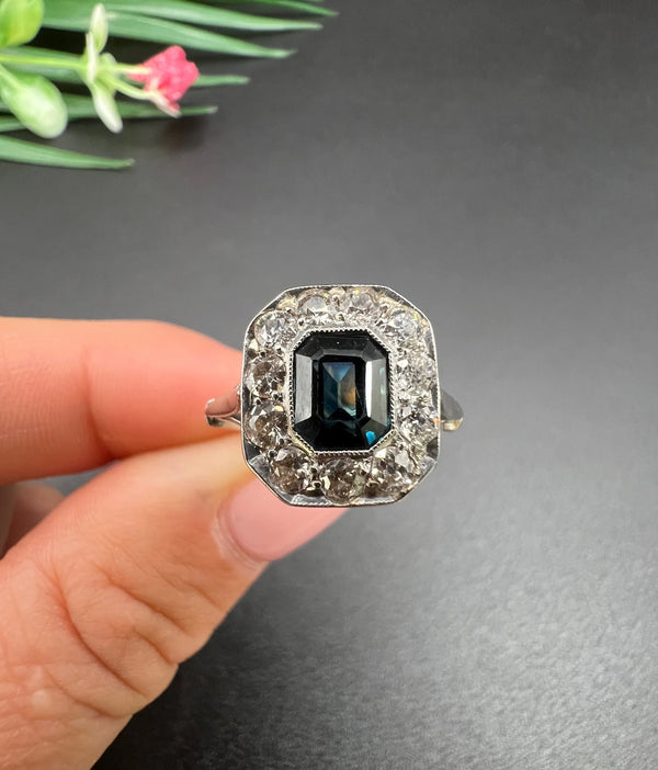 Art Deco Sapphire and Diamond Octagonal Shaped Cluster Engagement Ring 18ct gold and Platinum