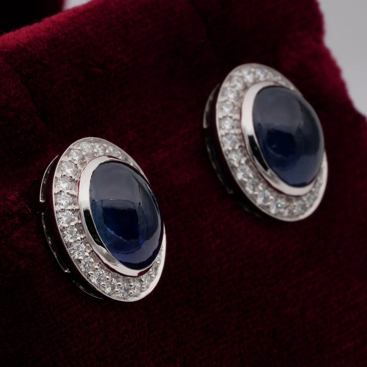 Vintage 6.50ct Natural No Heat Cabochon Sapphire and Diamond Cluster Earrings in Platinum