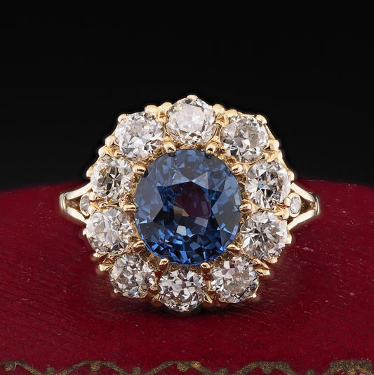 Victorian Antique 3.6ct Natural No Heat Burma Sapphire and Old Cut Diamond Cluster Ring