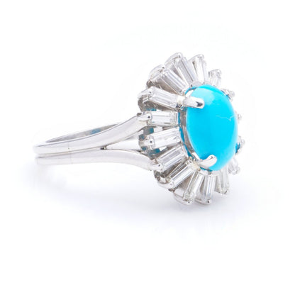 Vintage Aldao 2ct Cabochon Turquoise and 1.28ct Baguette Diamond Floral Cluster Ring