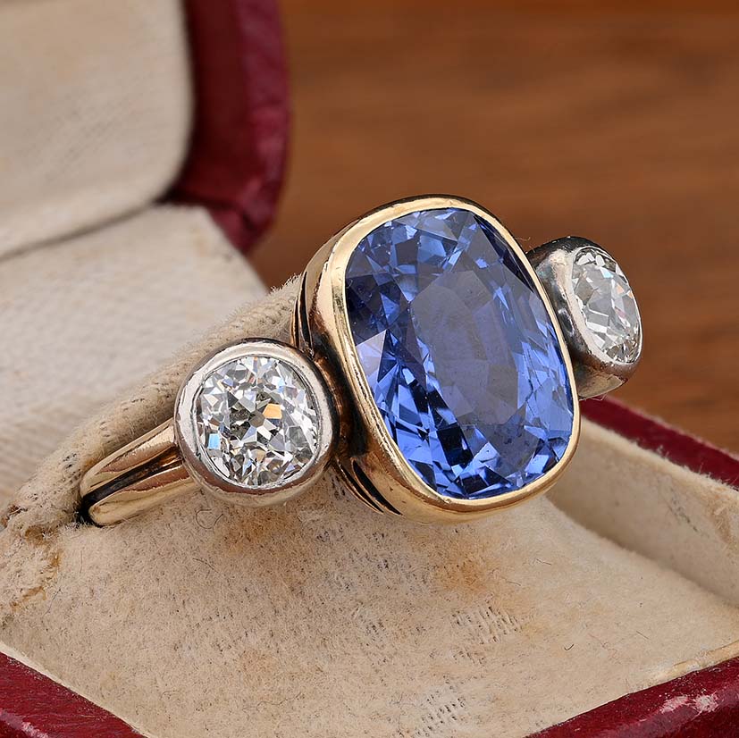 Victorian Antique 10ct No Heat Ceylon Sapphire and Diamond Trilogy Ring