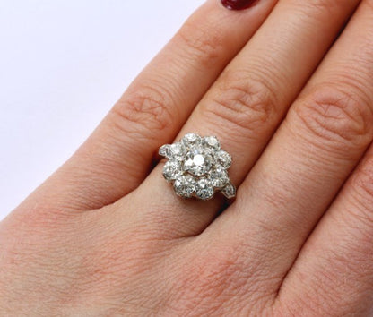 Antique Edwardian Old Cut Diamond Floral Cluster Ring; 18ct yellow gold and platinum cluster ring set with old-cut diamonds, 2.75 carats, France, Circa 1910