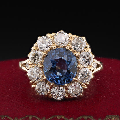 Victorian Antique 3.60ct Natural No Heat Burma Sapphire and Old Cut Diamond Cluster Engagement Ring
