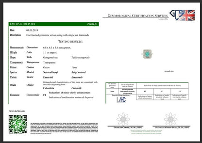 Late Art Deco 1.10ct Natural Colombian Emerald and Old Cut Diamond Cluster Ring, certified 1.10 carat octagonal-cut natural Colombian emerald set within double surround of old-cut diamonds in 12ct white gold with certificate