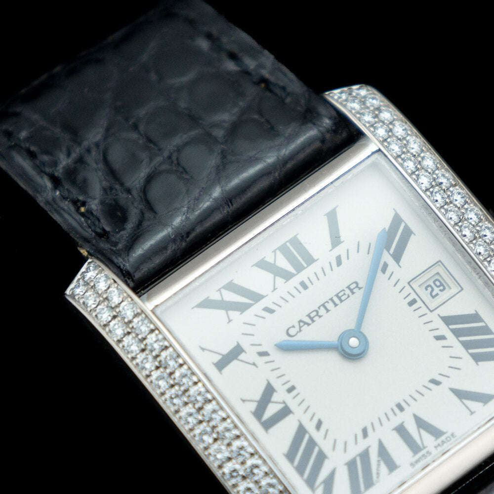 Vintage Cartier Tank Francaise 2404 18ct White Gold Factory Diamond Medium Model Watch with Box and Papers 2005
