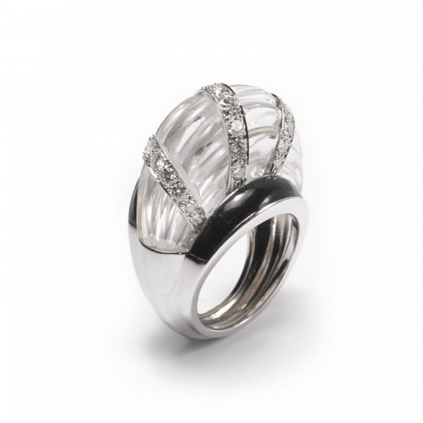 Vintage David Webb Rock Crystal, Diamond and Enamel Bombe Cocktail Ring, in platinum and 14ct white gold, Signed, Circa 1980