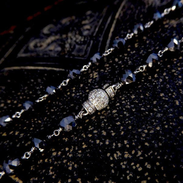 Vintage 100ct Briolette Black Diamond Bead Long Necklace with White Diamond Clasp, Circa 1970