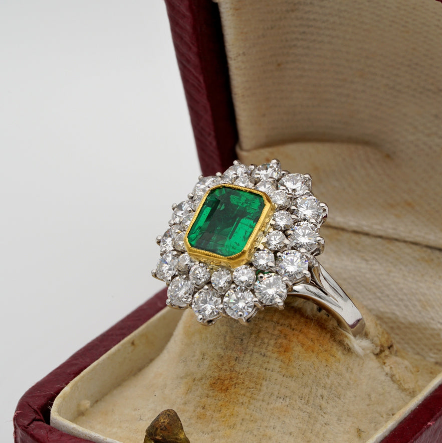 Vintage 2ct Emerald and Diamond Cluster Dress Ring