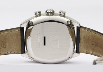 Tag Heuer Monza Re Edition Steel Automatic Chronograph Watch with White Dial, on a Tag Heuer black crocodile strap with push-button deployment buckle, Circa 1990s