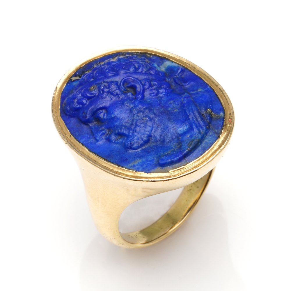 Antique Ancient Roman Emperor Lapis Lazuli and Gold Signet Ring; Second Century AD Roman Empire carved lapis lazuli depicting the iconic Hadrian Roman Emperor with later 18ct yellow gold shank