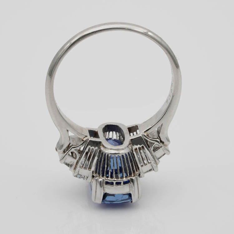 Art Deco 7.14ct No Heat Sapphire and Baguette Diamond Ring