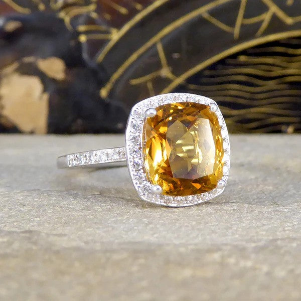 3.80ct Cushion Cut Citrine and Diamond Halo Cluster Engagement Ring