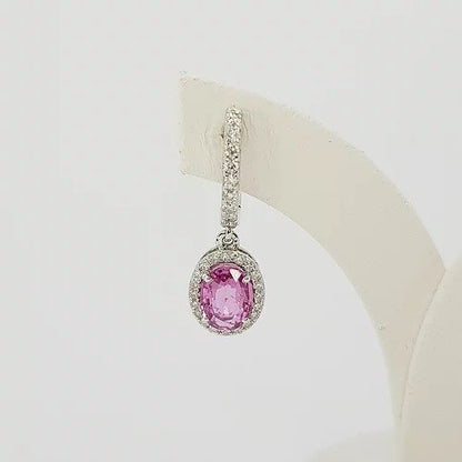 Pink Sapphire and Diamond Oval Cluster Drop Earrings; 2.01cts oval faceted pink sapphires surrounded by diamonds, diamond set drop, in 18ct white gold