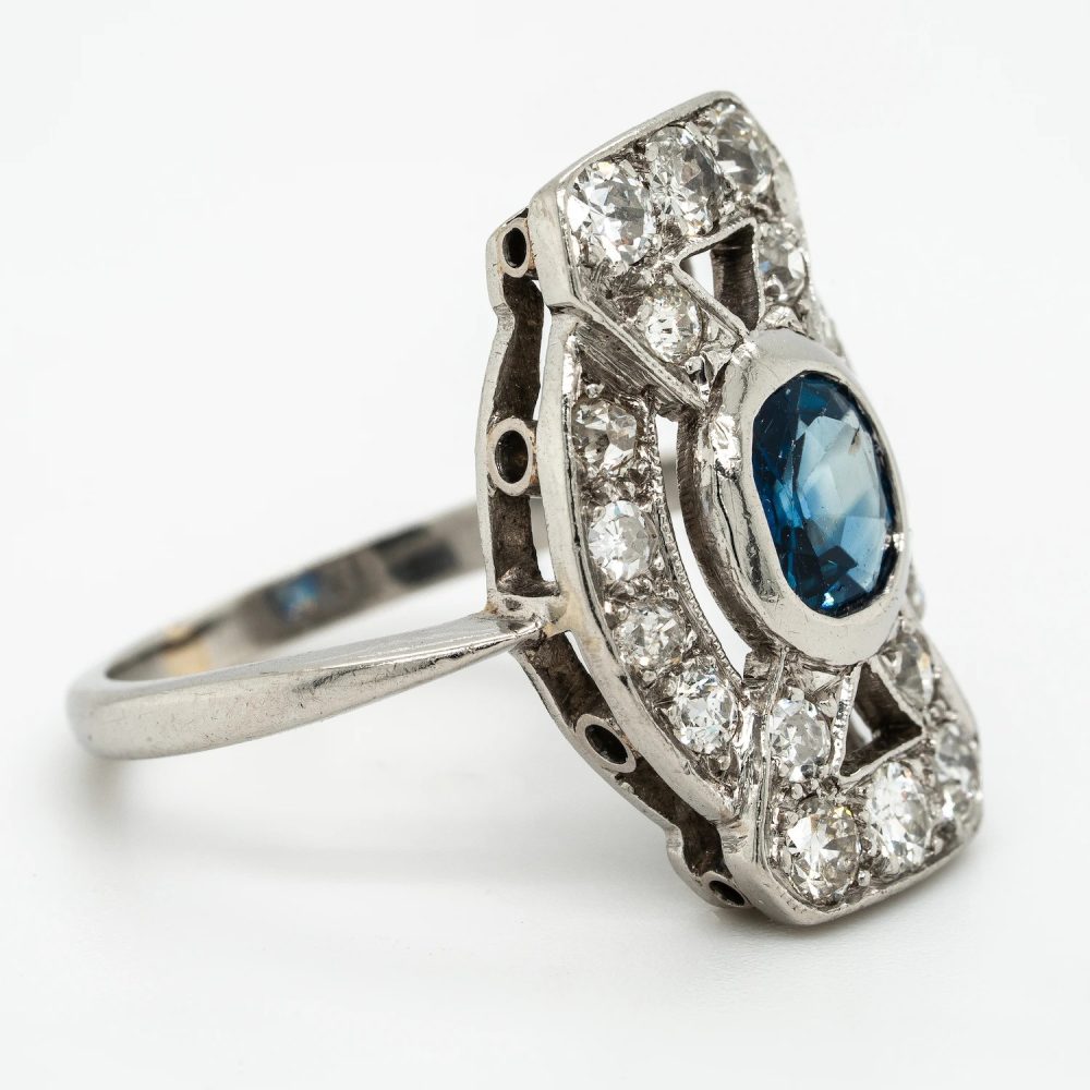Late Art Deco 1ct Sapphire and 1.50ct Old Mine Cut Diamond Tablet Ring