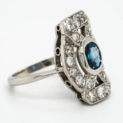Late Art Deco 1ct Sapphire and 1.50ct Old Mine Cut Diamond Tablet Ring