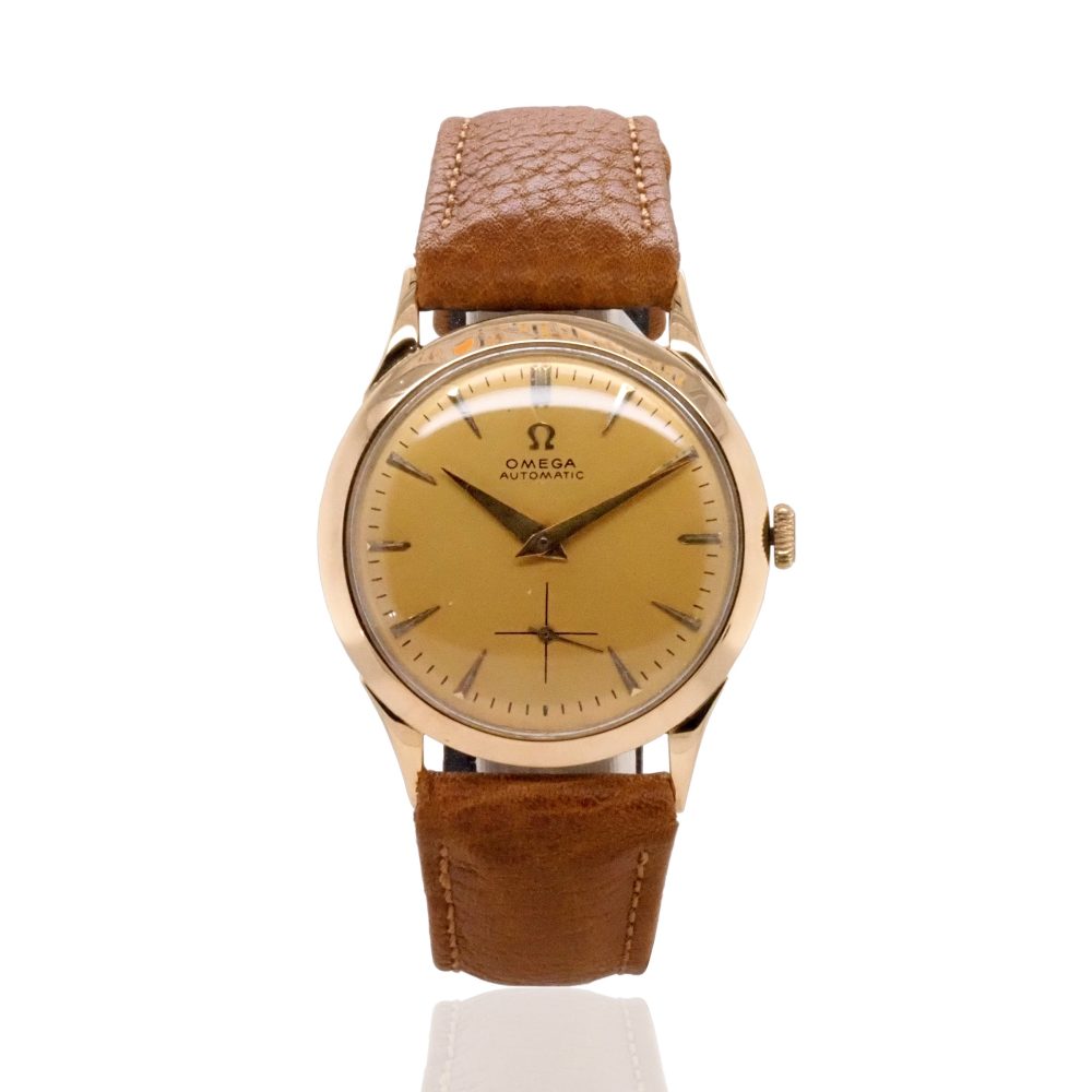 Vintage Omega 18ct Yellow Gold Automatic Dress Watch, Circa 1956, golden dial with 18ct yellow gold dauphine hands and baton hour markers, seconds dial at 6 o'clock on tan leather strap