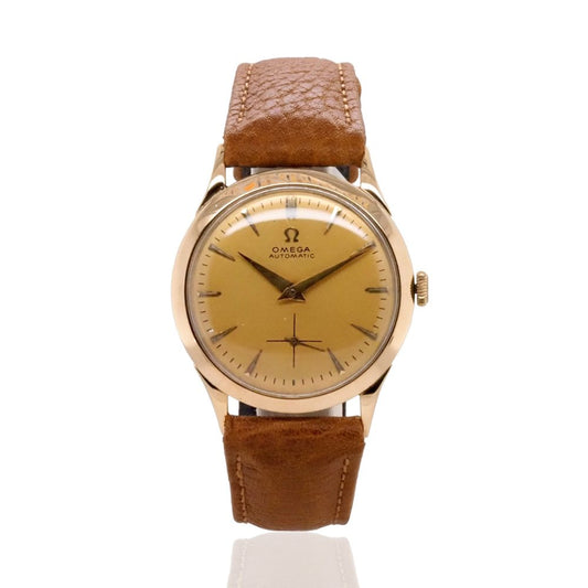 Vintage Omega 18ct Yellow Gold Automatic Dress Watch, Circa 1956, golden dial with 18ct yellow gold dauphine hands and baton hour markers, seconds dial at 6 o'clock on tan leather strap