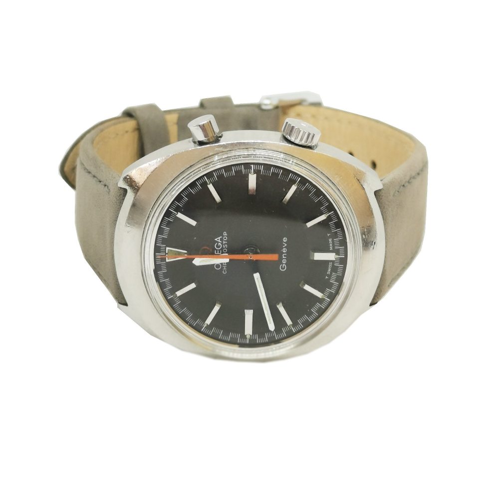 Vintage 1960s Omega Geneve Chronostop Manual Watch, grey dial with silver hour markers and luminous vibrant orange seconds hand, hand wind mechanical movement on a grey Hirsch strap. Circa 1967