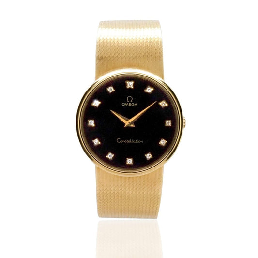Vintage 1970s Omega Constellation 18ct Gold Watch with Diamond Dial, 18ct yellow gold case features black dial with diamond dot hour markers on an 18ct yellow gold bracelet strap