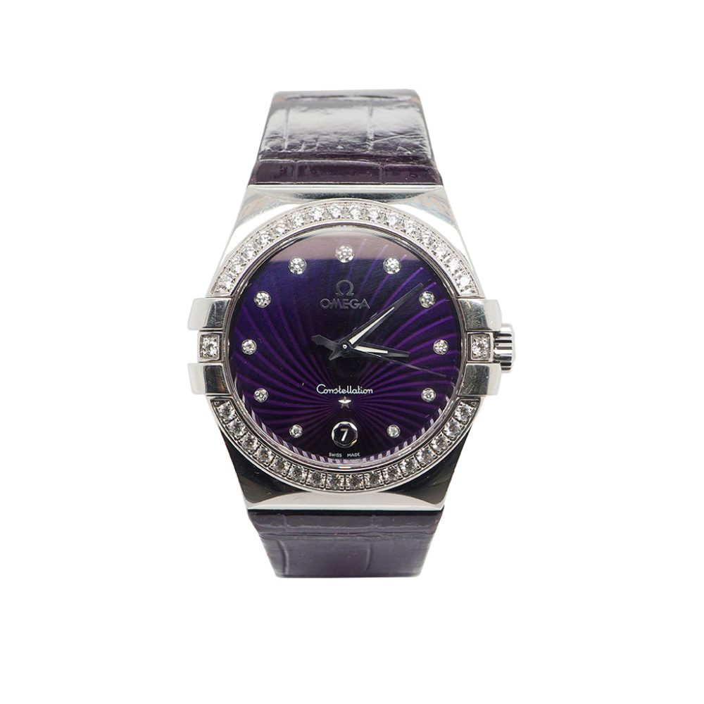 Vintage Omega Constellation Steel and Diamond Quartz Watch Circa 2012, 35mm stainless steel case with purple dial with diamond-set bezel and diamond hour markers, on a purple leather strap