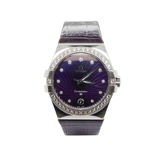 Vintage Omega Constellation Steel and Diamond Quartz Watch Circa 2012, 35mm stainless steel case with purple dial with diamond-set bezel and diamond hour markers, on a purple leather strap