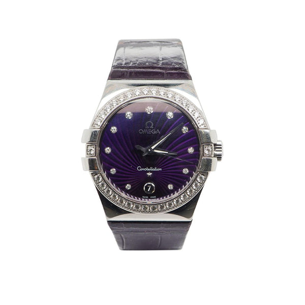 Vintage Omega Constellation Steel and Diamond Quartz Watch Circa 2012, 35mm stainless steel case with purple dial with diamond-set bezel and diamond hour markers, on a purple leather strap