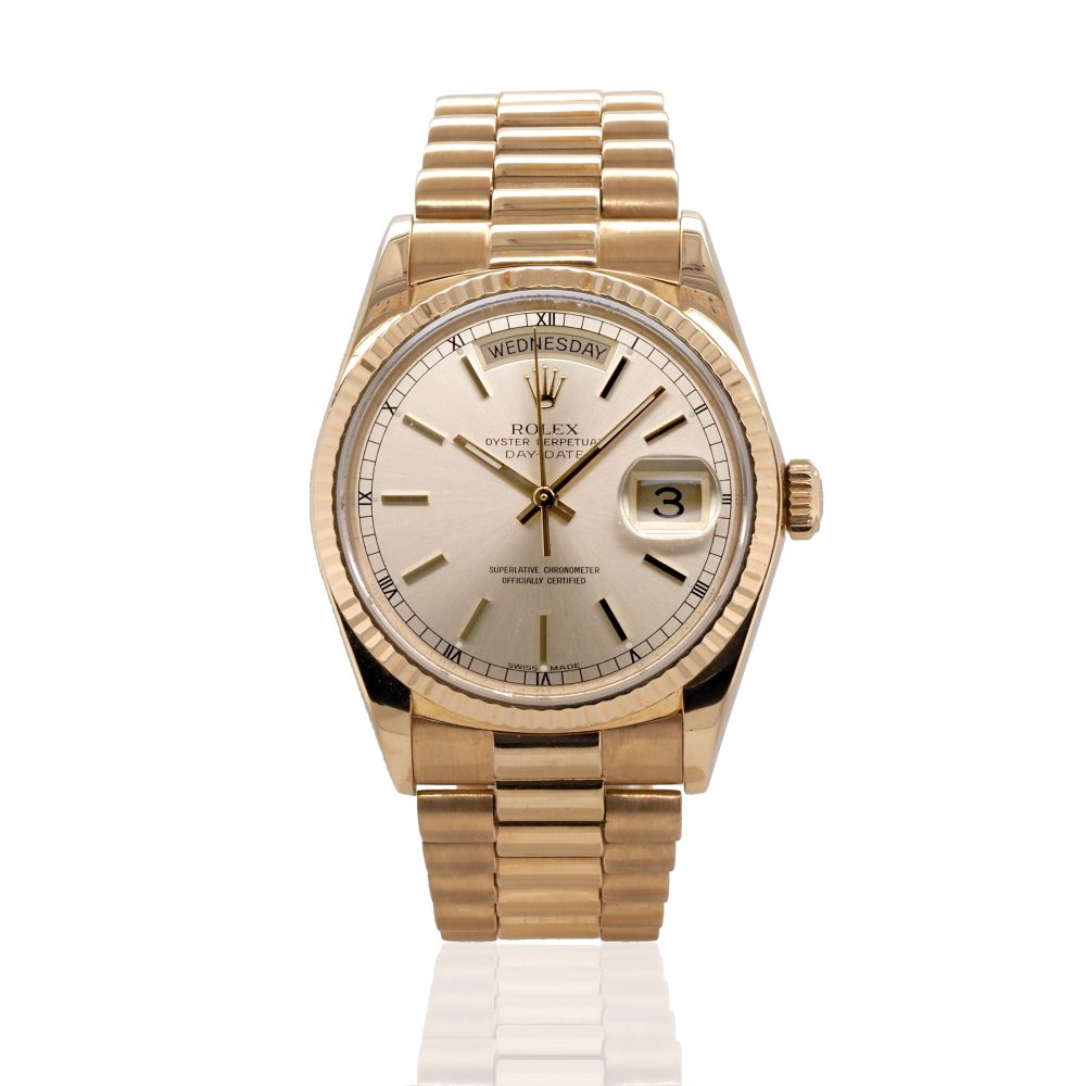 Vintage Rolex Day Date 18ct Yellow Gold Automatic Watch, Circa 1985, 18ct yellow gold case with fluted bezel, No box or papers