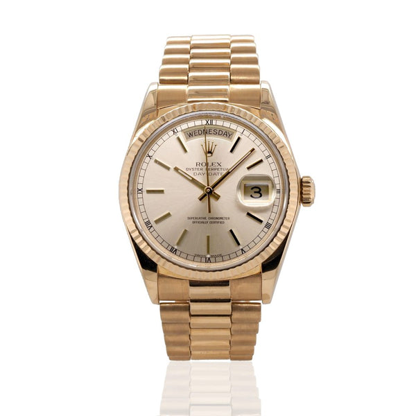 Vintage Rolex Day Date 18ct Yellow Gold Automatic Watch, Circa 1985, 18ct yellow gold case with fluted bezel, No box or papers