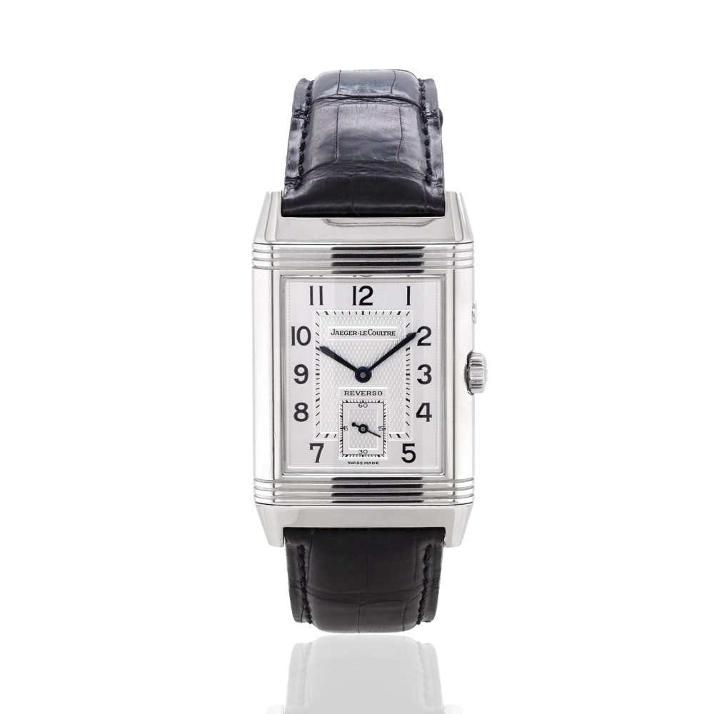 Jaeger LeCoultre Grande Reverso Day and Night Steel Manual Watch, two individual faces, one white dial and a black dial with box, outer box, and papers