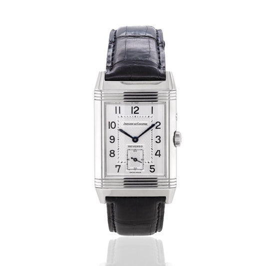 Jaeger LeCoultre Grande Reverso Day and Night Steel Manual Watch, two individual faces, one white dial and a black dial with box, outer box, and papers